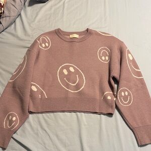 Altar’d State Smiley Face Cropped Knit Sweater - Dusty Pink